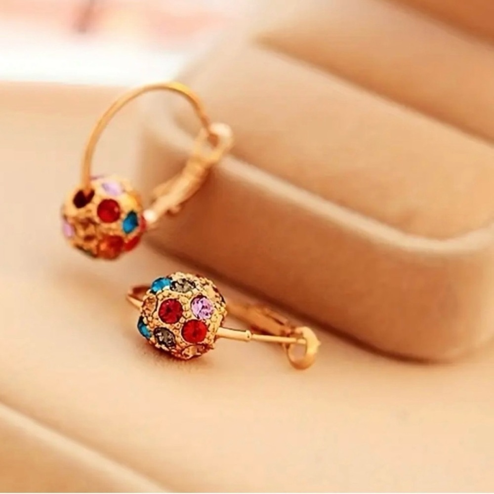 Crystal Ball Hoop Earrings Rhinestones Gold Boho Chic - Picture 2 of 6